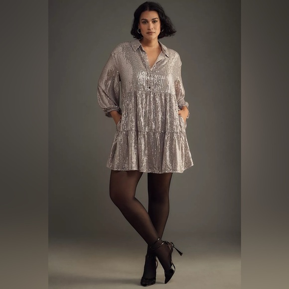 NWT! Anthro The Bettina Tiered Shirt Dress by Maeve: Mini Sequin Edition 🔎⚽️ - Picture 6 of 15